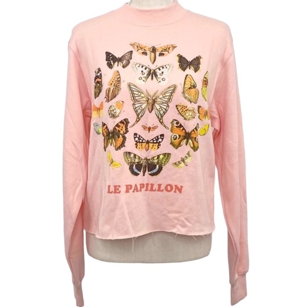 Public Library Le Papillon Butterfly Fleece Sweatshirt Raw Hem Cut Off Sz S
